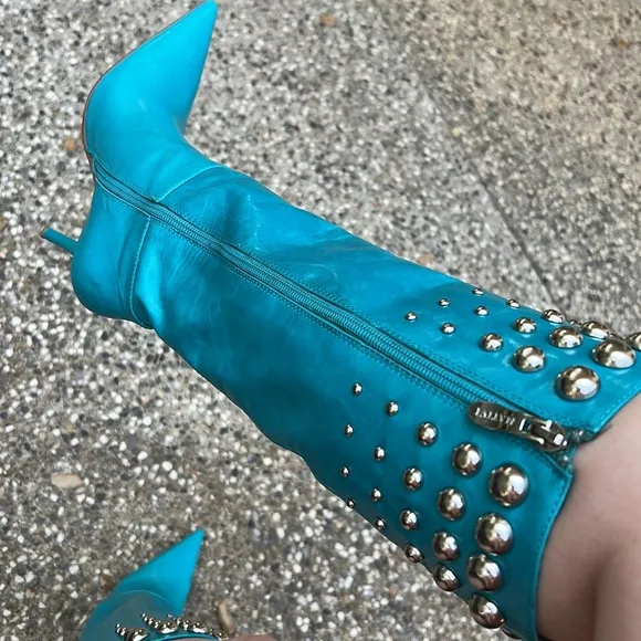 Turquoise High Heel Pointed Toe Leather Boots