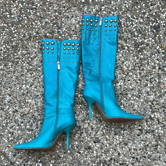 Turquoise High Heel Pointed Toe Leather Boots