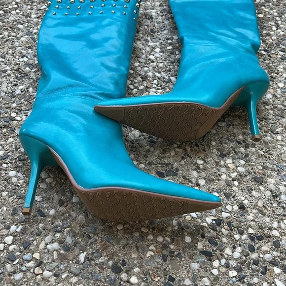 Turquoise High Heel Pointed Toe Leather Boots