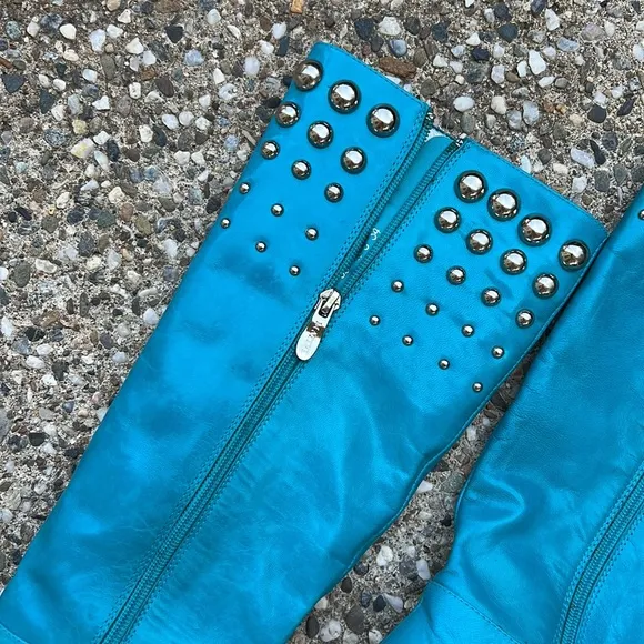 Turquoise High Heel Pointed Toe Leather Boots