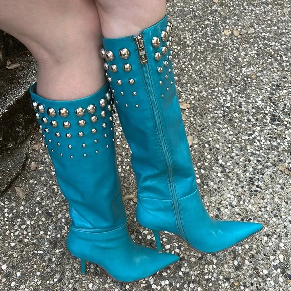 Turquoise High Heel Pointed Toe Leather Boots