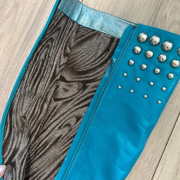 Turquoise High Heel Pointed Toe Leather Boots