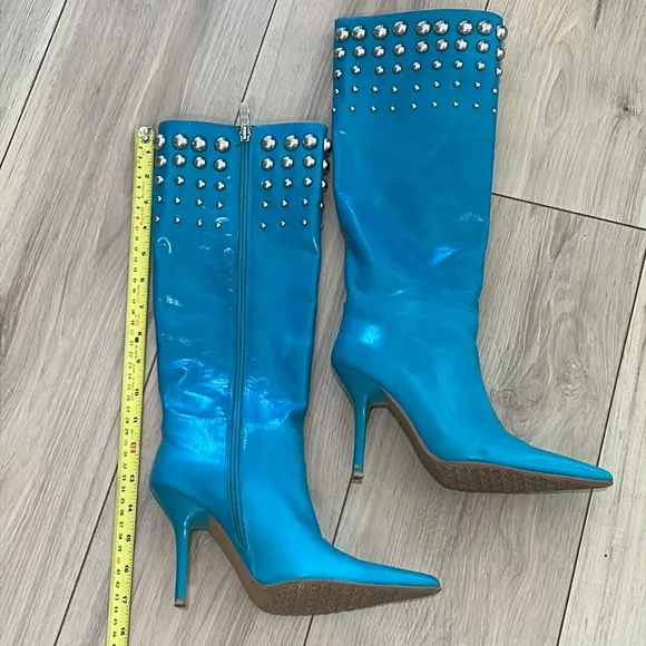 Turquoise High Heel Pointed Toe Leather Boots