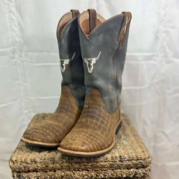 Twisted X Top Hand Kids Leather Boots in Chocolate/Dusty Blue - Size 5.5