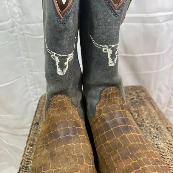 Twisted X Top Hand Kids Leather Boots in Chocolate/Dusty Blue - Size 5.5