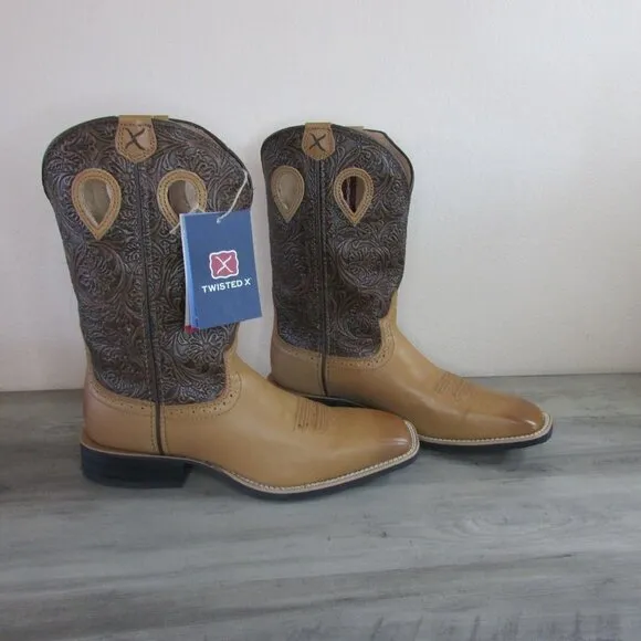 Twisted X Women's 11&quot; Ruff Stock Square Toe Western Boot - Tan &amp; Tooled Brown