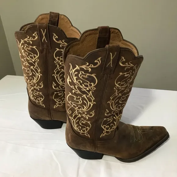 Twisted X womens 8.5 brown comboy boots cream embroidery pointed toe western