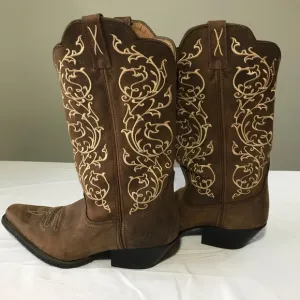 Twisted X womens 8.5 brown comboy boots cream embroidery pointed toe western