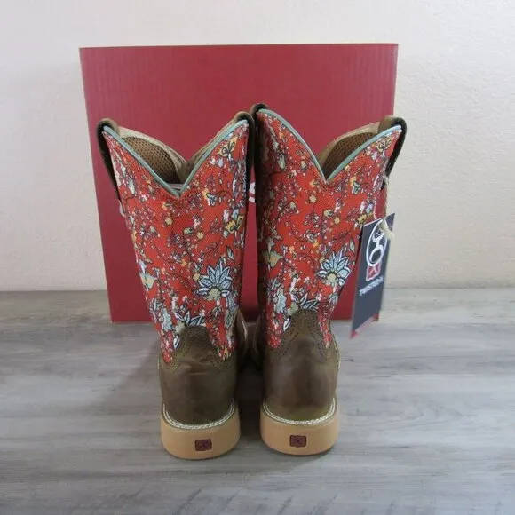 Twisted X Youth 2 Hooey Square Toe Western Boot Rustic Brown/Red Floral YHY0013