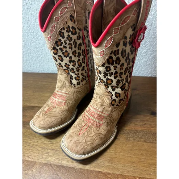 Twister Avery Leopard Print Western Boots Flower Accent Kids Size 12