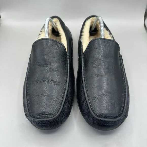 UGG Ascot Leather Slippers Shoes Men's Size 11 Black House Fur 5379