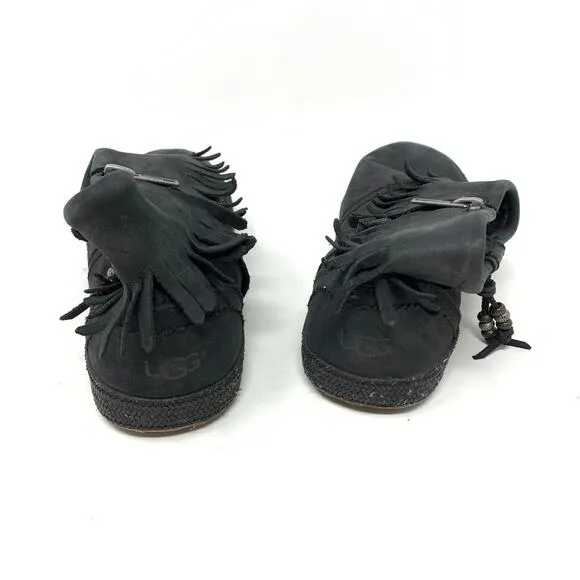 UGG Australia Women's Size 6.5 Tiana Fringe Moccasin Boots Black Leather