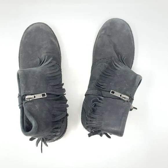 UGG Australia Women's Size 6.5 Tiana Fringe Moccasin Boots Black Leather