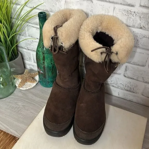UGG Brown Leather Ultimate Cuff Sheepskin BOOTS Shoes Size 8