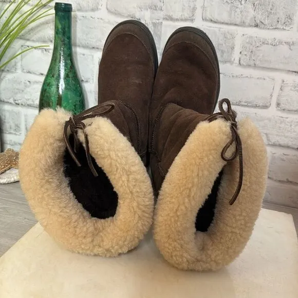 UGG Brown Leather Ultimate Cuff Sheepskin BOOTS Shoes Size 8