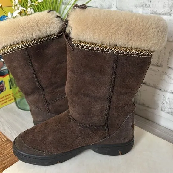 UGG Brown Leather Ultimate Cuff Sheepskin BOOTS Shoes Size 8