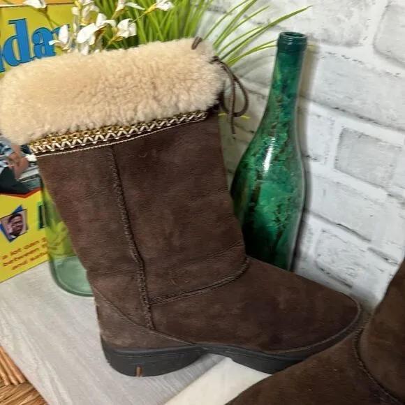 UGG Brown Leather Ultimate Cuff Sheepskin BOOTS Shoes Size 8
