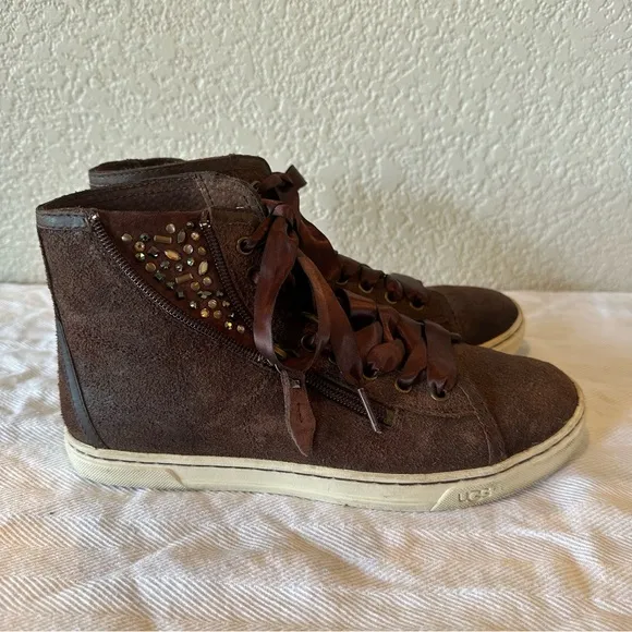 UGG Brown Suede Blaney Swarovski Crystal High Top Bootie Sneakers