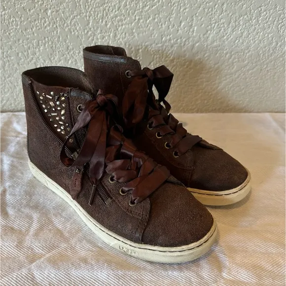 UGG Brown Suede Blaney Swarovski Crystal High Top Bootie Sneakers