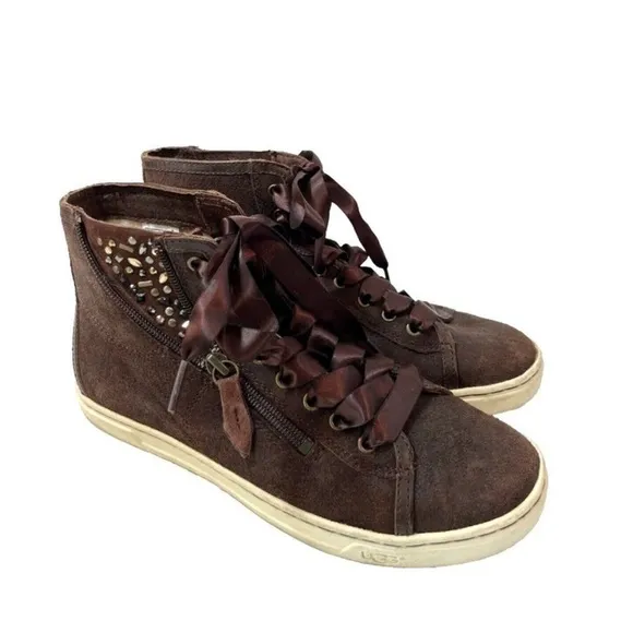UGG Brown Suede Blaney Swarovski Crystal High Top Bootie Sneakers