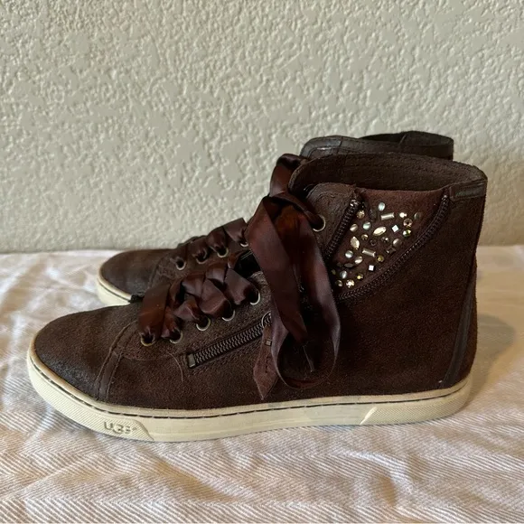 UGG Brown Suede Blaney Swarovski Crystal High Top Bootie Sneakers