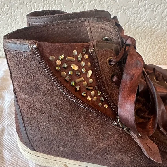 UGG Brown Suede Blaney Swarovski Crystal High Top Bootie Sneakers