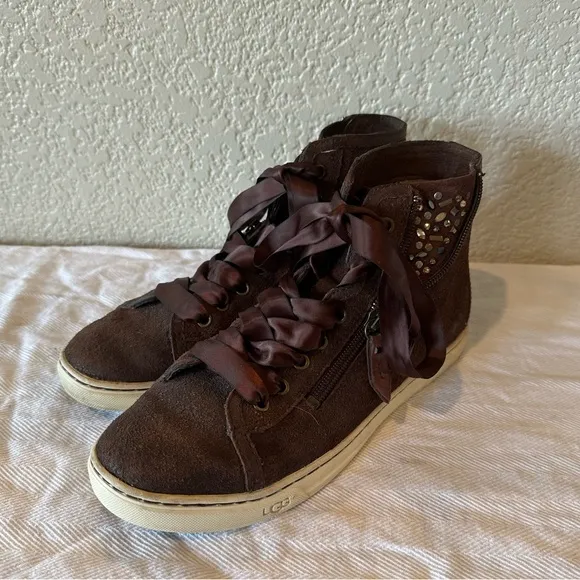UGG Brown Suede Blaney Swarovski Crystal High Top Bootie Sneakers