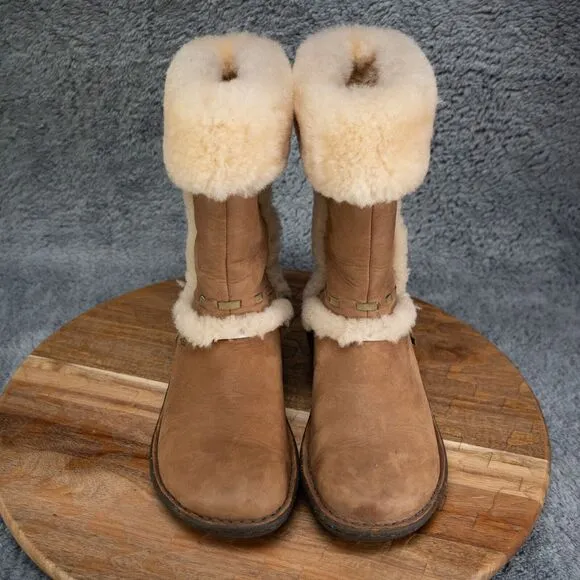 UGG Elijo Leather Sheepskin Boots Shearling Sherpa Mid Calf Warm Size 6 EUC