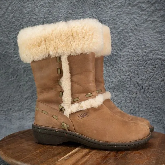 UGG Elijo Leather Sheepskin Boots Shearling Sherpa Mid Calf Warm Size 6 EUC