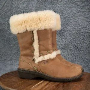 UGG Elijo Leather Sheepskin Boots Shearling Sherpa Mid Calf Warm Size 6 EUC