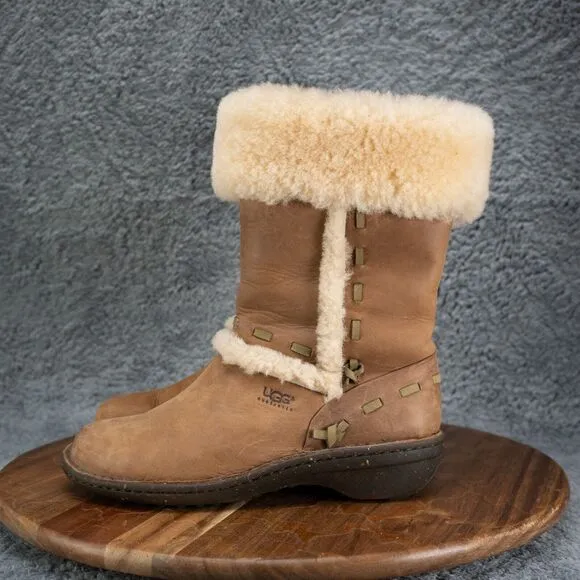 UGG Elijo Leather Sheepskin Boots Shearling Sherpa Mid Calf Warm Size 6 EUC