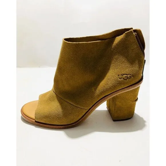 UGG leather shoes open peep toe boots Ginger brown booties Zip up women's 7