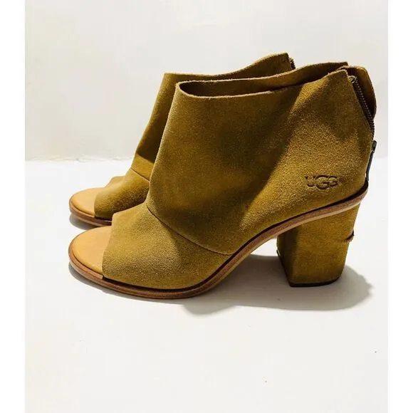 UGG leather shoes open peep toe boots Ginger brown booties Zip up women's 7