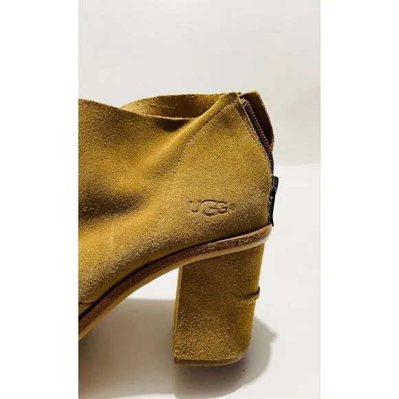 UGG leather shoes open peep toe boots Ginger brown booties Zip up women's 7