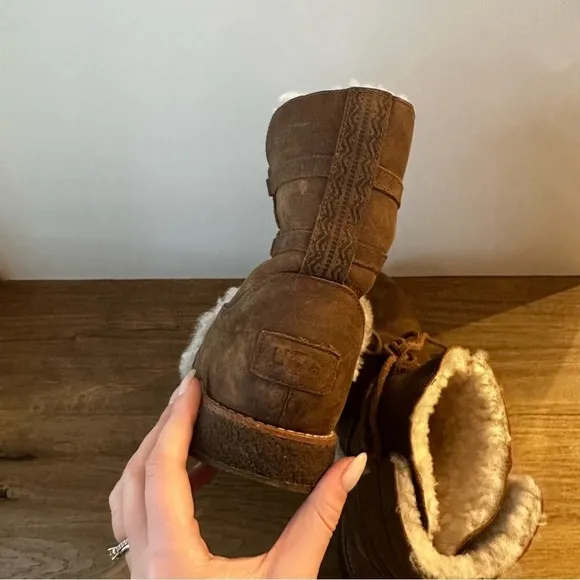 UGG Luisa Leather Brown Boots Sheepskin Lined &amp; Detailed Size 11 Women’s