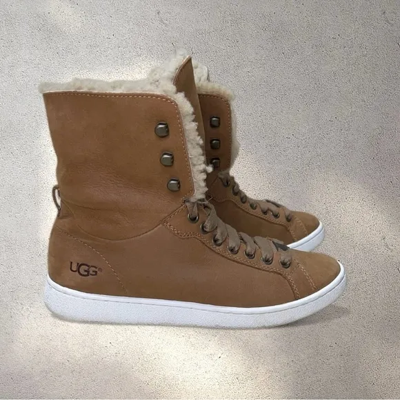 UGG Starlyn Sherling High Top Sneakers Chestnut Brown Leather Ankle Bootie