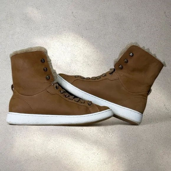 UGG Starlyn Sherling High Top Sneakers Chestnut Brown Leather Ankle Bootie