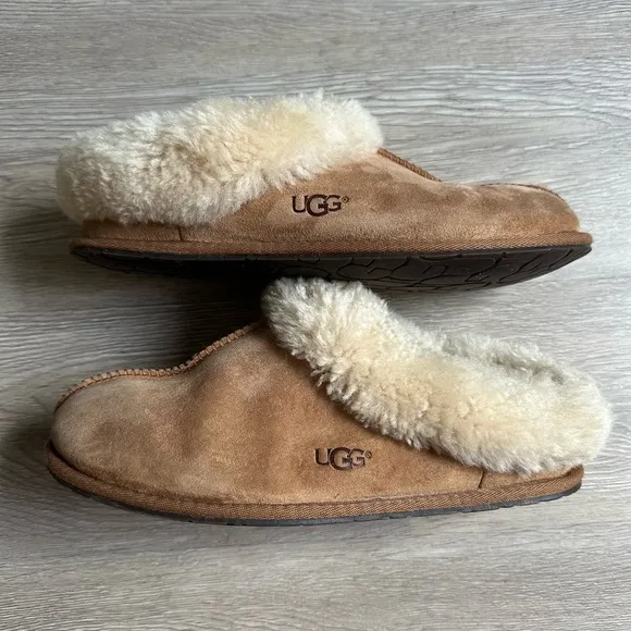 UGG Tan Fuzzy Fur Ultimate Comfort Slip On Slippers House Shoes