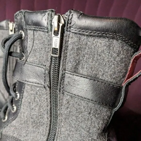 UGG Waterproof Combat Boots Black Leather &amp; Grey Wool Winter Lace-up Side Zip