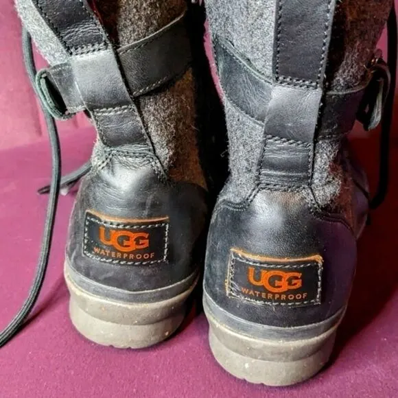 UGG Waterproof Combat Boots Black Leather &amp; Grey Wool Winter Lace-up Side Zip