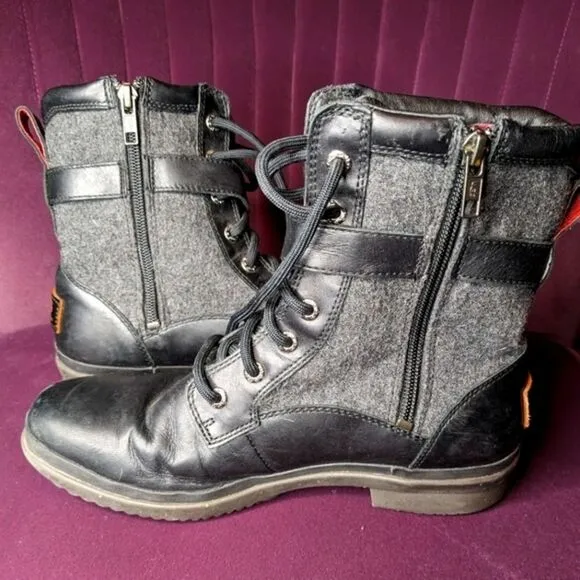 UGG Waterproof Combat Boots Black Leather &amp; Grey Wool Winter Lace-up Side Zip