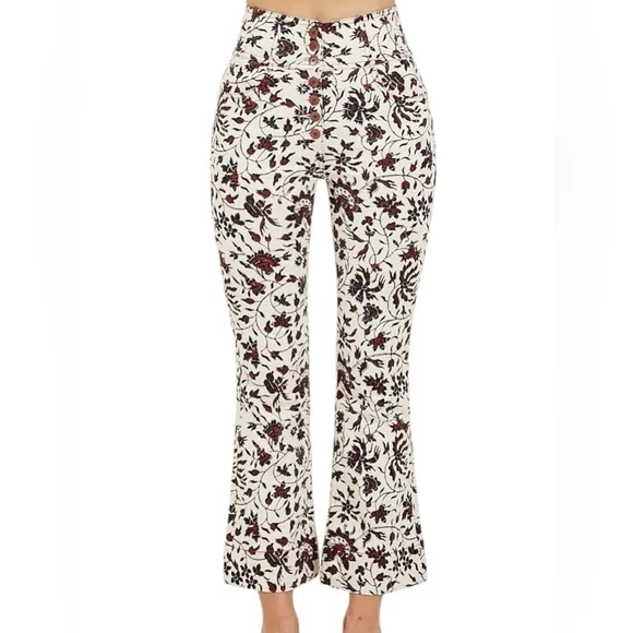 Ulla Johnson Ellis Stretch Cotton Twill Floral Button Fly High Rise Flared Jeans
