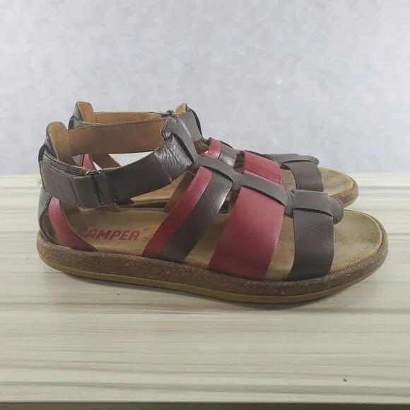 US 8.5 EU 39 Camper Shoes Fisherman Sandals Red Brown Ankle Strap Women's