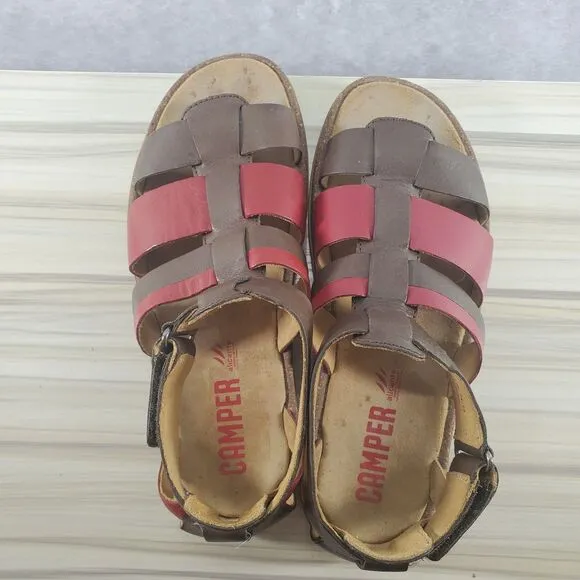 US 8.5 EU 39 Camper Shoes Fisherman Sandals Red Brown Ankle Strap Women's