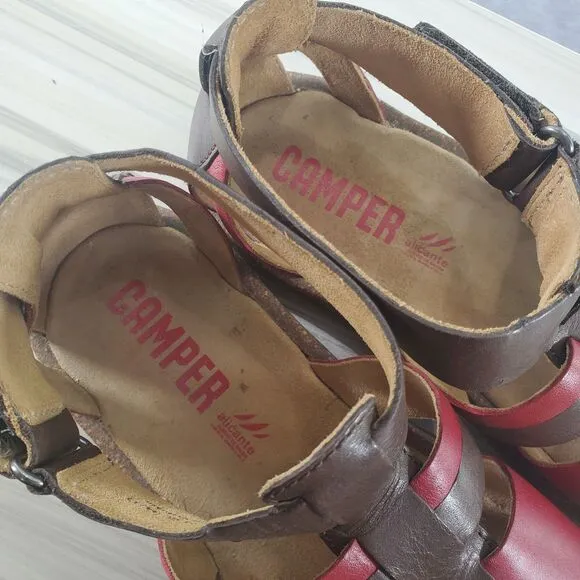 US 8.5 EU 39 Camper Shoes Fisherman Sandals Red Brown Ankle Strap Women's