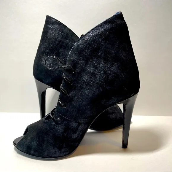 Valentina Rangoni - Lace-up Black Metallic Peep'd Toe Heel Boots Women Size 6.5