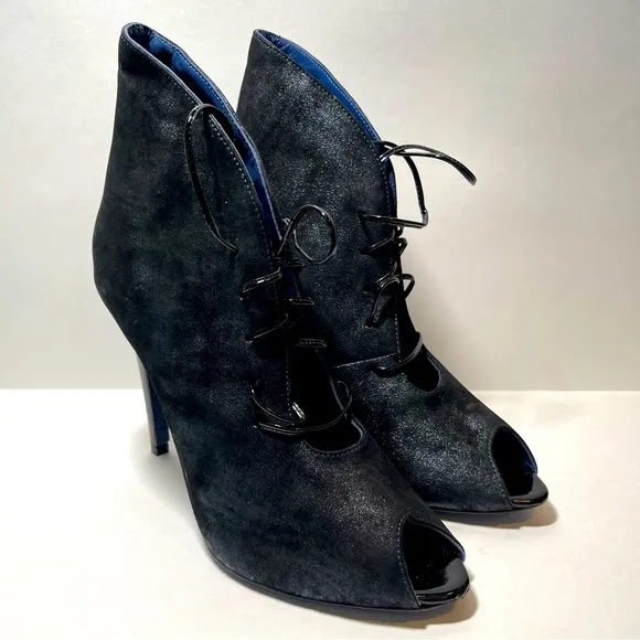 Valentina Rangoni - Lace-up Black Metallic Peep'd Toe Heel Boots Women Size 6.5