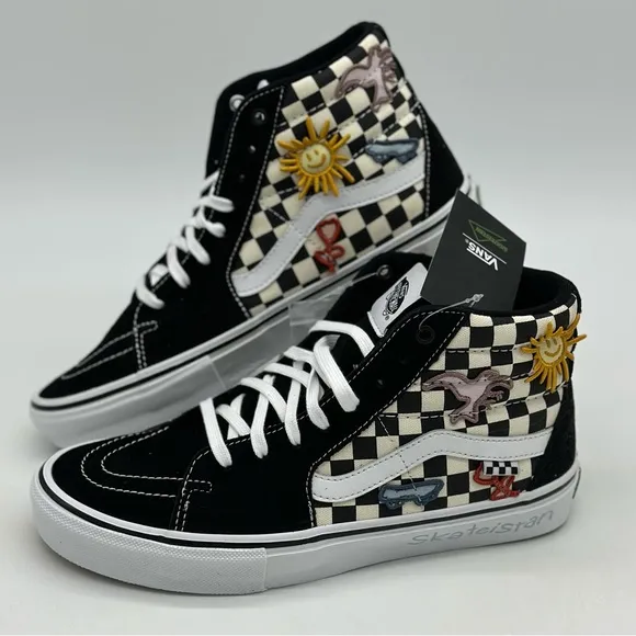 Vans Black and White High-Top Sneakers with Checkerboard Pattern