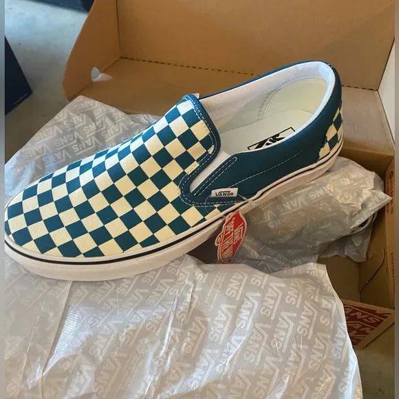 VANS Classic Slip On Checkerboard Skate Shoes, Blue Coral/True White