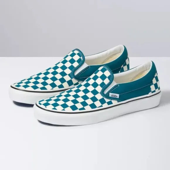 VANS Classic Slip On Checkerboard Skate Shoes, Blue Coral/True White
